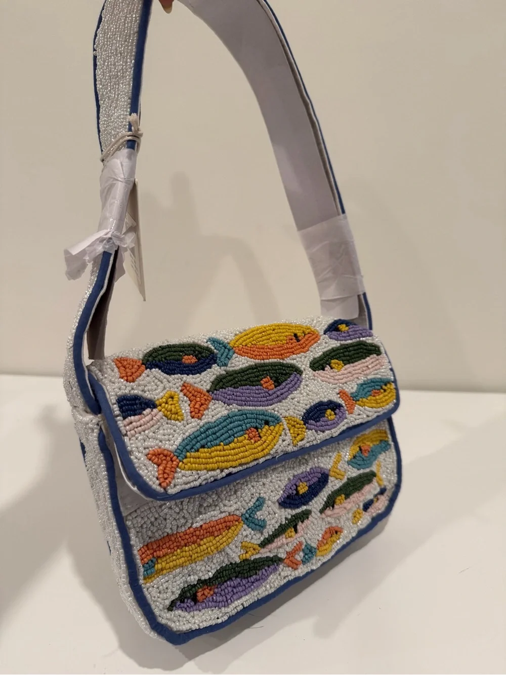 Multicolor Beaded Fish-Pattern Shoulder Bag - Blue Trim